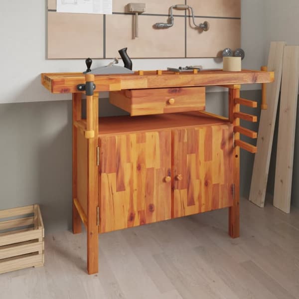 arbejdsbord skuffe og skruestik 124x52x83 cm massivt akacietræ