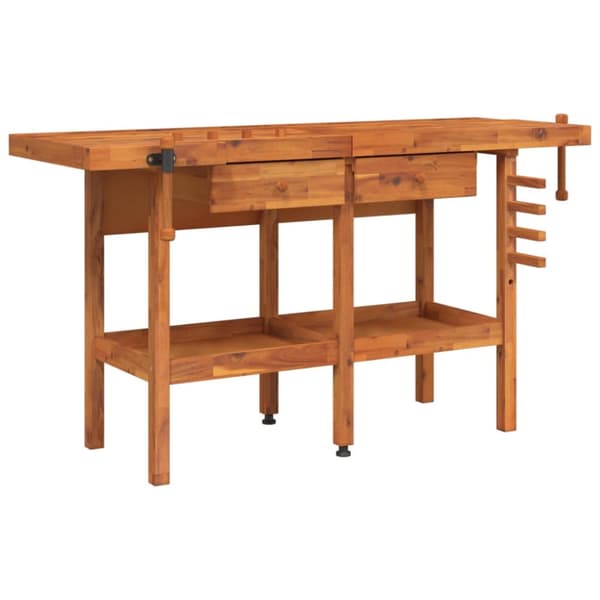 arbejdsbord m. skuffer + skruestik 162x62x83 cm massivt akacie
