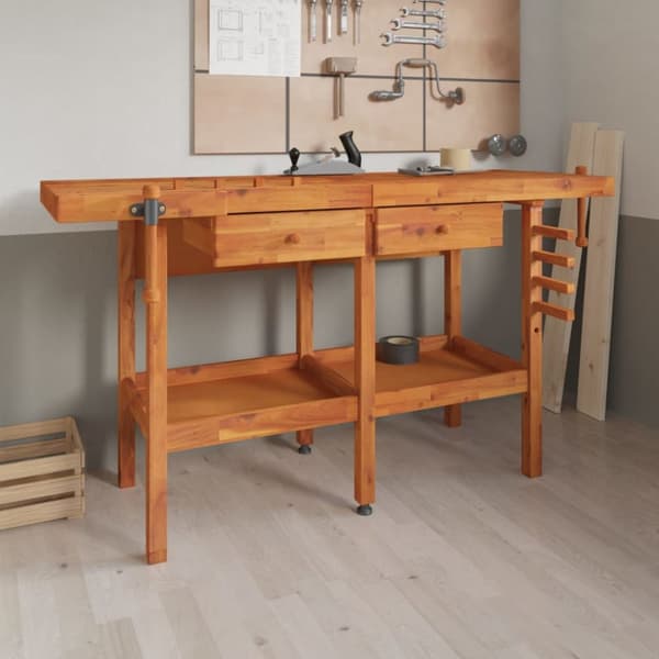 arbejdsbord m. skuffer + skruestik 162x62x83 cm massivt akacie