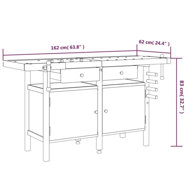 arbejdsbord m. skuffer + skruestik 162x62x83 cm massivt akacie