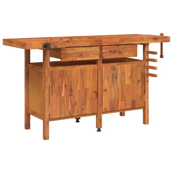 arbejdsbord m. skuffer + skruestik 162x62x83 cm massivt akacie