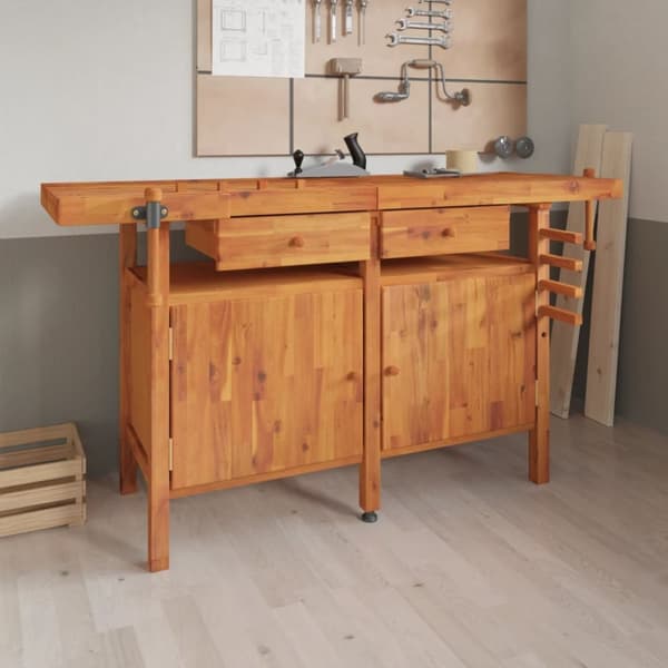 arbejdsbord m. skuffer + skruestik 162x62x83 cm massivt akacie