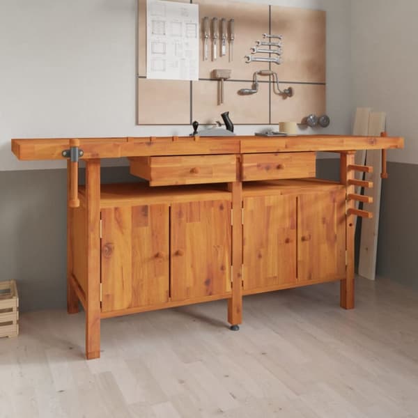 arbejdsbord m. skuffer + skruestik 192x62x83 cm massivt akacie