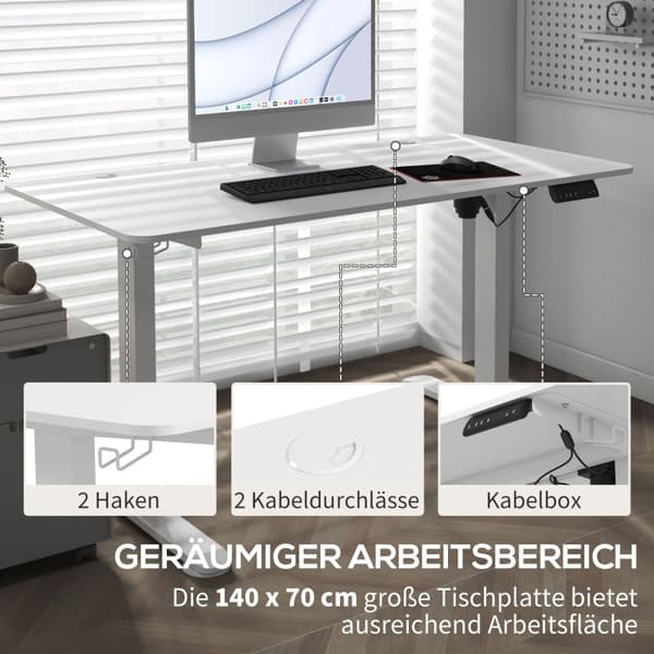 Rootz Vinsetto sähköinen seisomapöytä - korkeussäädettävä työpöytä - Ergonominen työpöytä - 4 esiasetettua korkeutta - Törmäyssuoja - 140cm x 70cm x 7