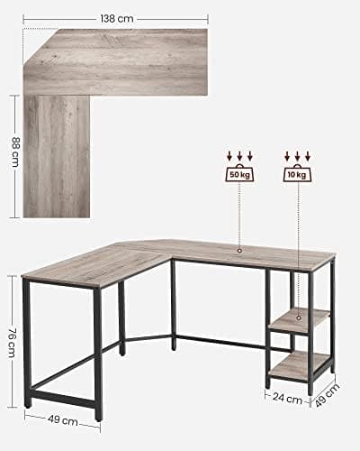 VASAGLE datorbord, L-format hörnskrivbord, arbetsstation med hyllor, Greige och svart