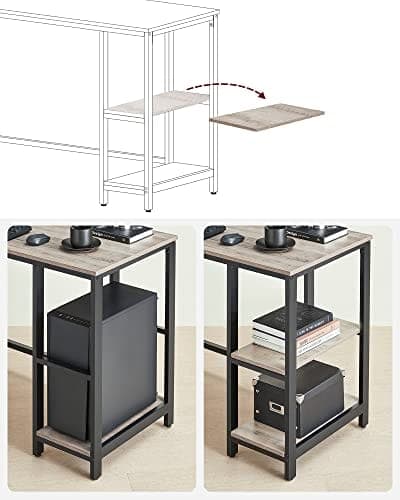 VASAGLE datorbord, L-format hörnskrivbord, arbetsstation med hyllor, Greige och svart