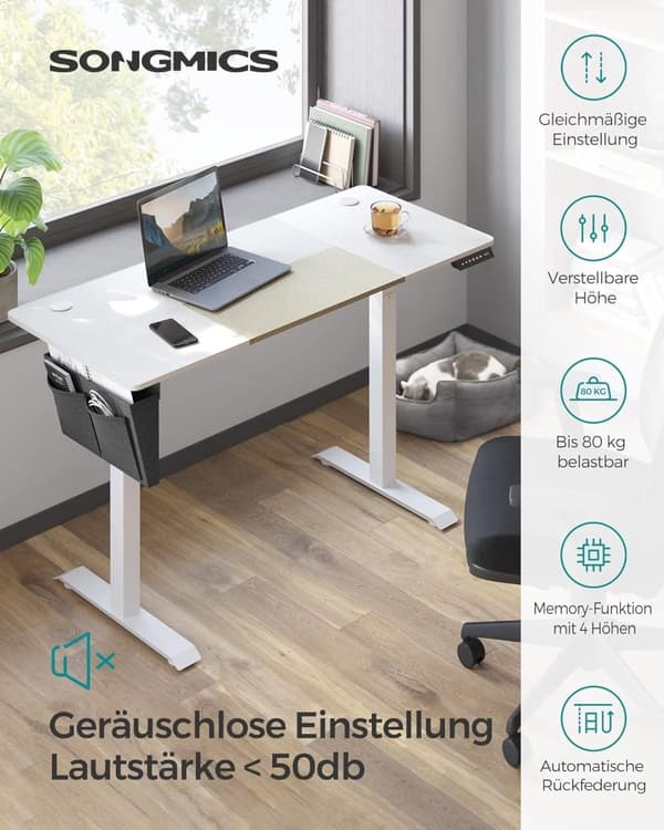 SONGMICS Höjdjusterbart elektriskt skrivbord, minnesfunktion med 4 höjder, bas vit/beige