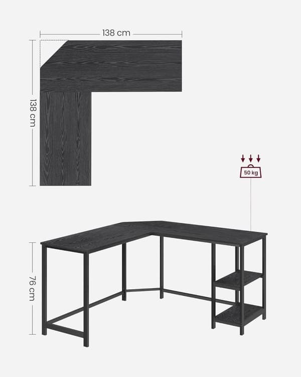 Datorbord, L-format hörnskrivbord, 138 x 138 x 76 cm, spelbord, svart med träfibrer