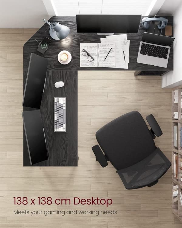 Datorbord, L-format hörnskrivbord, 138 x 138 x 76 cm, spelbord, svart med träfibrer