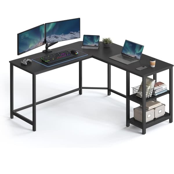 Datorbord, L-format hörnskrivbord, 138 x 138 x 76 cm, spelbord, svart med träfibrer