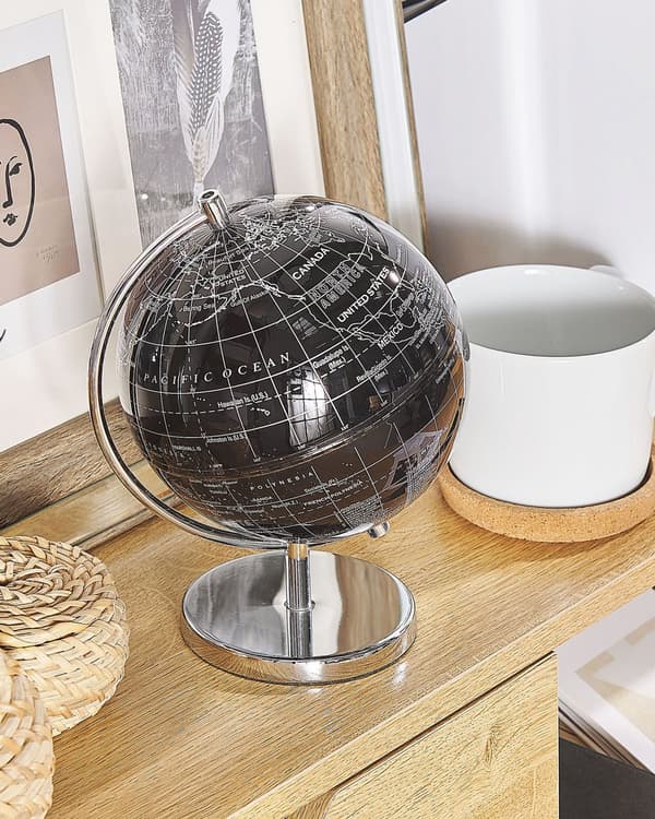 Globus Sort Hvid Blank med Sølv 20 x 15 cm Dekorativ Dreje Spinde Globe Verdenskort Skoleundervisning Kontor Moderne Dekoration Tilbehør