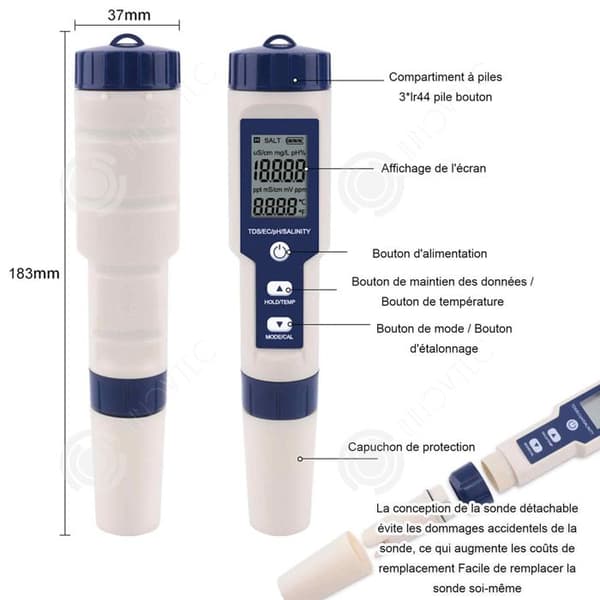 INN PH-testare 5 i 1 elektronisk poolvattentestare ph/tds/ec/salthalt/tempmeter med ATC ph-mätare högupplöst precision