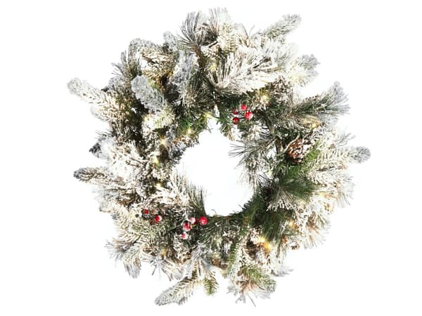 Julkrans Vit Syntetiskt Material 55 cm Belyst Snöig med LED Lampor Högtidlig Dekor