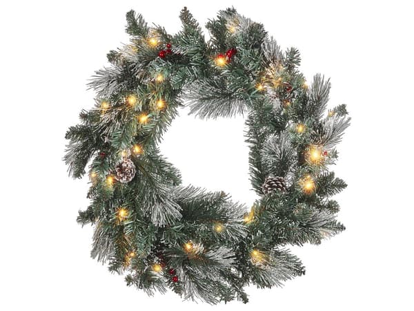 Joulukranssi vihreä muovi 40 cm LED-valoilla kuuralla kävyillä joulukoristeet
