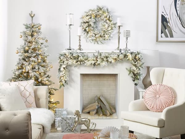 Julekrans Hvit Syntetisk Materiale 180 cm Pre Lit Kunstig Snø Furu Cons Seasonal Hjemme Dekor