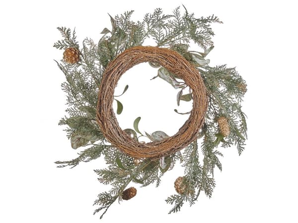 Julekrans Grønn Gull Syntetisk Materiale 45 cm Furukongler Snøkuler Tradisjonell Design Rund