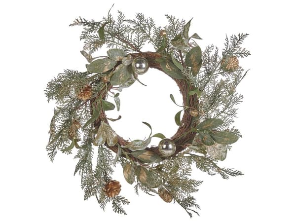 Julekrans Grønn Gull Syntetisk Materiale 45 cm Furukongler Snøkuler Tradisjonell Design Rund