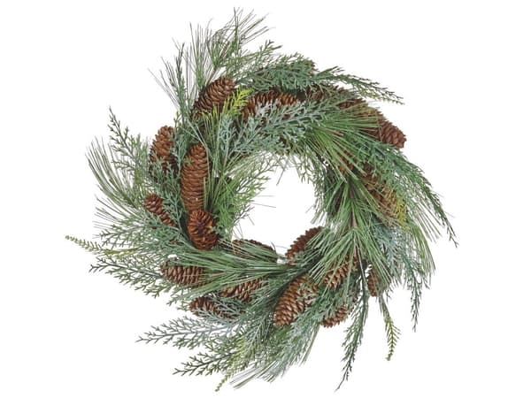 Julekrans Grønn Syntetisk materiale 34 cm Kongler Snø Tradisjonell design Rund form