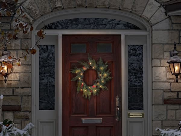 Julekrans Grønn Syntetisk materiale ø 50 cm Med belysning Kunstig snø Bær og Kongler Julepynt Jul Dekorasjon