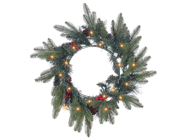 Julekrans Grønn Syntetisk materiale ø 50 cm Med belysning Kunstig snø Bær og Kongler Julepynt Jul Dekorasjon