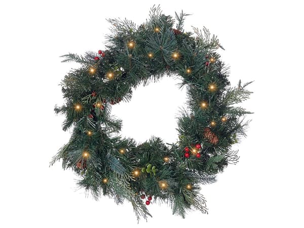 Julkrans Grön Syntetmaterial 60 cm LED-belysning Konstgjord Snö Kottar Säsongsbetonad Heminredning