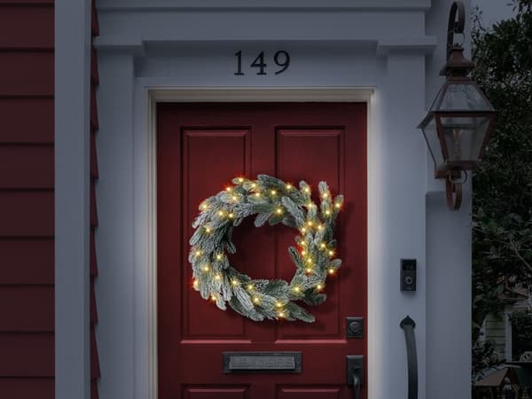 Julekrans Grønt syntetisk materiale 45 cm Forhåndsoplyst LED-lys Kunstig sne Dekoration