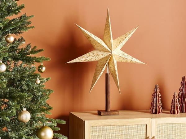 Dekorativ Lampe med Stjerne Beige Papir Mangotre Juledekorasjon Håndlaget