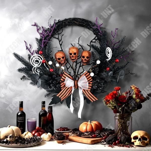 TD® Krans av oktoberkranier 43*43*9cm Skrämmande gul skull Gothisk mörk Passar för Halloween-dekoration.