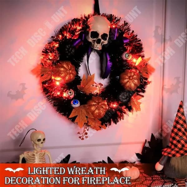 TD® Skelett Halloween-krans 16 tums diameter upplyst designskelettdekoration för Halloween-fest
