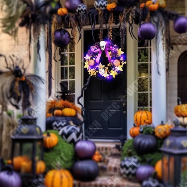 TD® Skelett Halloween-krans 16 tums diameter upplyst designskelettdekoration för Halloween-fest