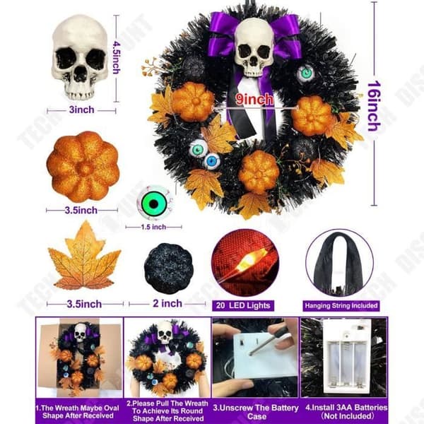 TD® Skelett Halloween-krans 16 tums diameter upplyst designskelettdekoration för Halloween-fest