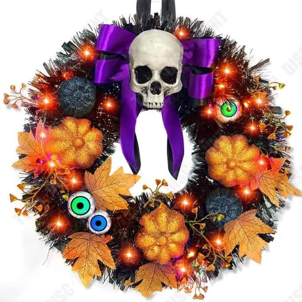 TD® Skelett Halloween-krans 16 tums diameter upplyst designskelettdekoration för Halloween-fest