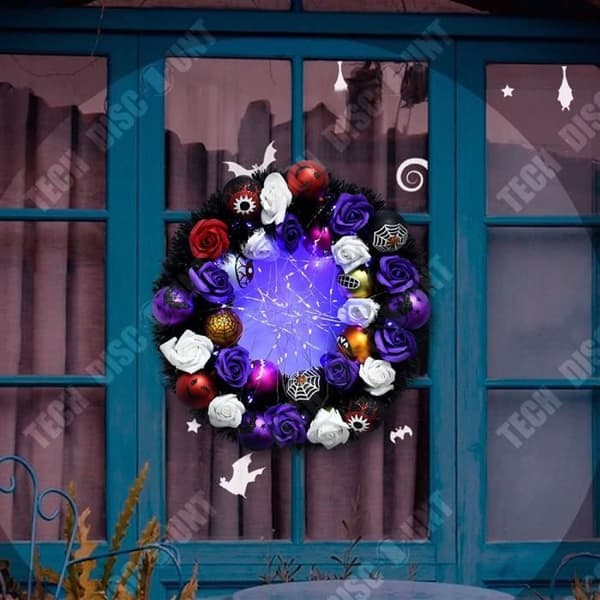 TD® Halloweenkrans i trädsyrse 40*40cm Pumpa med spökhuvud LED-lampor Dekorationskrans för Halloween