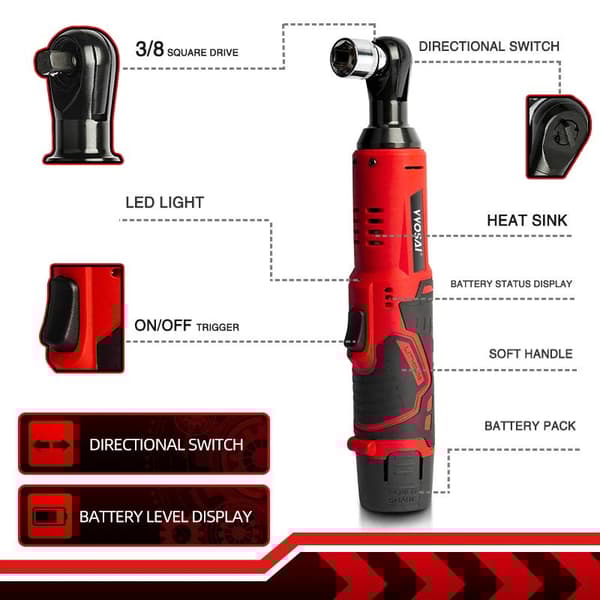 45NM 380rpm sladdlös elektrisk skiftnyckel kit med LED-arbetsljus och batteriindikator, 3/8 spärrnyckel, vinkelborrskruvmejsel