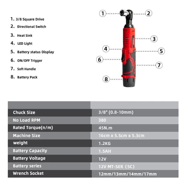 45NM 380rpm sladdlös elektrisk skiftnyckel kit med LED-arbetsljus och batteriindikator, 3/8 spärrnyckel, vinkelborrskruvmejsel