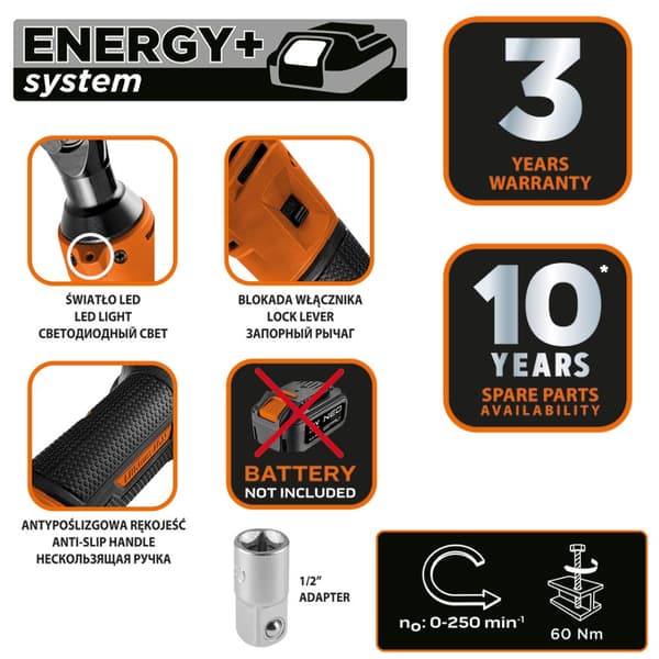 Energy+ 18V sladdlös spärr, Li-lon, 3/8", utan batteri, 1/2" adapter