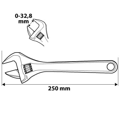 Justerbar skruenøgle 250 mm, rækkevidde 0-33 mm