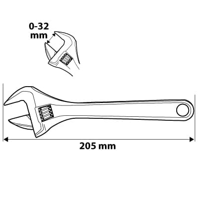 Säädettävä jakoavain 205 mm, alue 0-32 mm