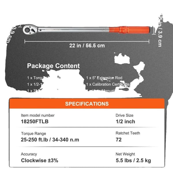 1/2" Momentnøgle, Høj Præcision ±3%, Dobbelt-Skala Område,56,5 cm 34-340 Nm