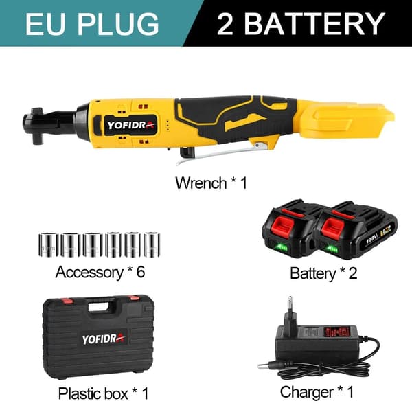 Elektrisk Ratscheknyckel, Högt Vridmoment på 200N.M, Snabb Rotationshastighet 1500RPM,2 Batteri EU-kontakt, EU