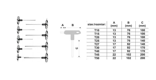 YATO TORX L-NØGLE MED HÅNDTAG 9 stk. T10-T50, MED HUL