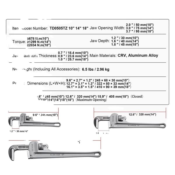 Rørnøgle, Letvægts Aluminiumskonstruktion, Høj Momentkapacitet,10 14 18 tommer 10 14 18inch