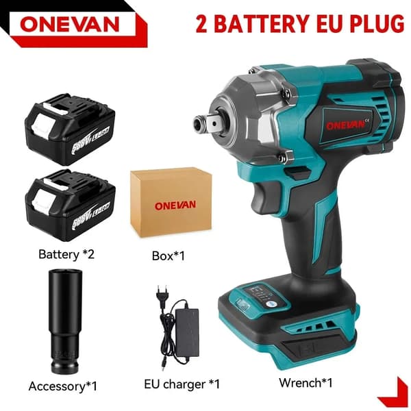 Harjaton sähköinen iskulykkäri, 1200 N.m vääntö, 6800 rpm nopeus,1 Akku EU Plug