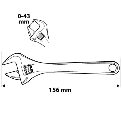 Justerbar skruenøgle kort 156 mm, rækkevidde 0-43 mm
