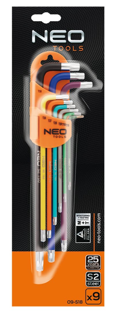 Torx T10-50 nøgler, sæt med 9, farvede