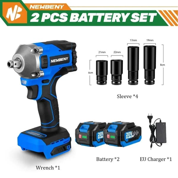 Borstlös elektrisk slagnyckel, 1000N.m vridmoment, 3 växlar,2 Batteri-Set B