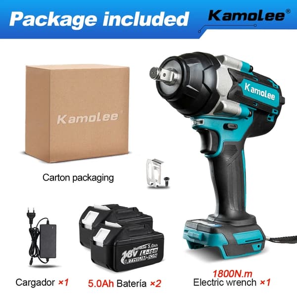 Genopladelig elektrisk skruenøgle, 1800N.m moment, børsteløs motor,2x5,0Ah flagermus karton, EU