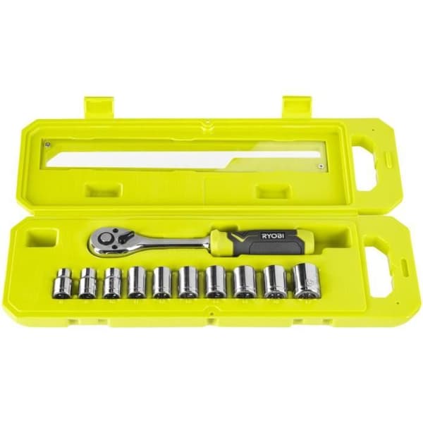 RYOBI - Set med 1 90-tandad nyckel (4° återhämtningsvinkel) och 10 3/8'' hylsor (från 8 till 17 mm) - Kompatibel med Ryobi LINK - RHRS11PC
