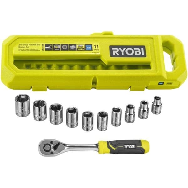 RYOBI - Set med 1 90-tandad nyckel (4° återhämtningsvinkel) och 10 3/8'' hylsor (från 8 till 17 mm) - Kompatibel med Ryobi LINK - RHRS11PC