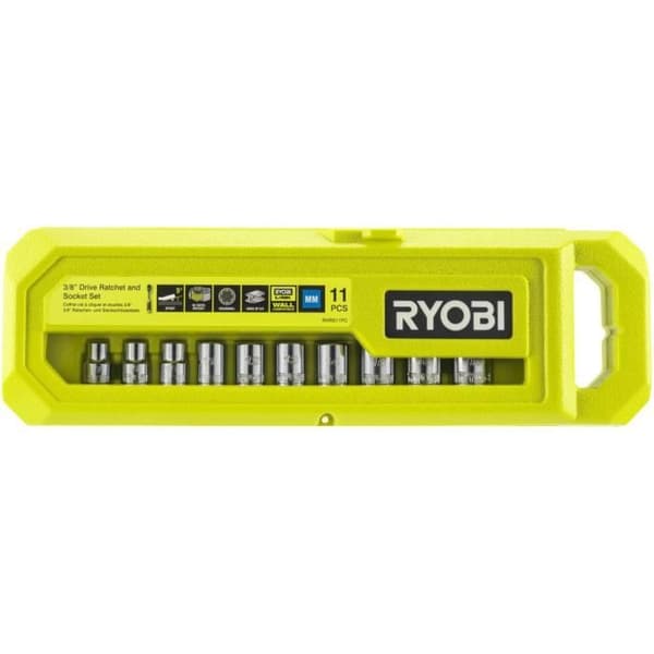 RYOBI - Set med 1 90-tandad nyckel (4° återhämtningsvinkel) och 10 3/8'' hylsor (från 8 till 17 mm) - Kompatibel med Ryobi LINK - RHRS11PC